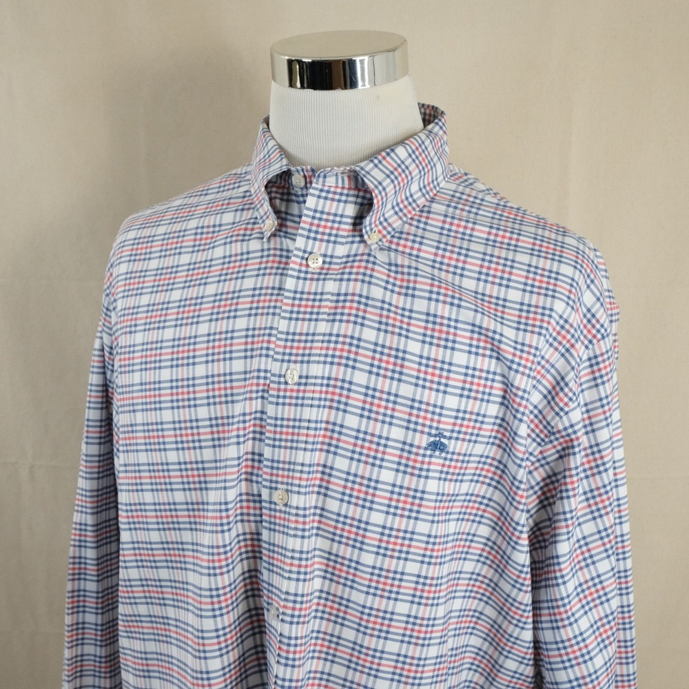 Brooks Brothers XL Madison Fit Oxford Shirt Blue Red Plaid Non-Iron Cotton Mens